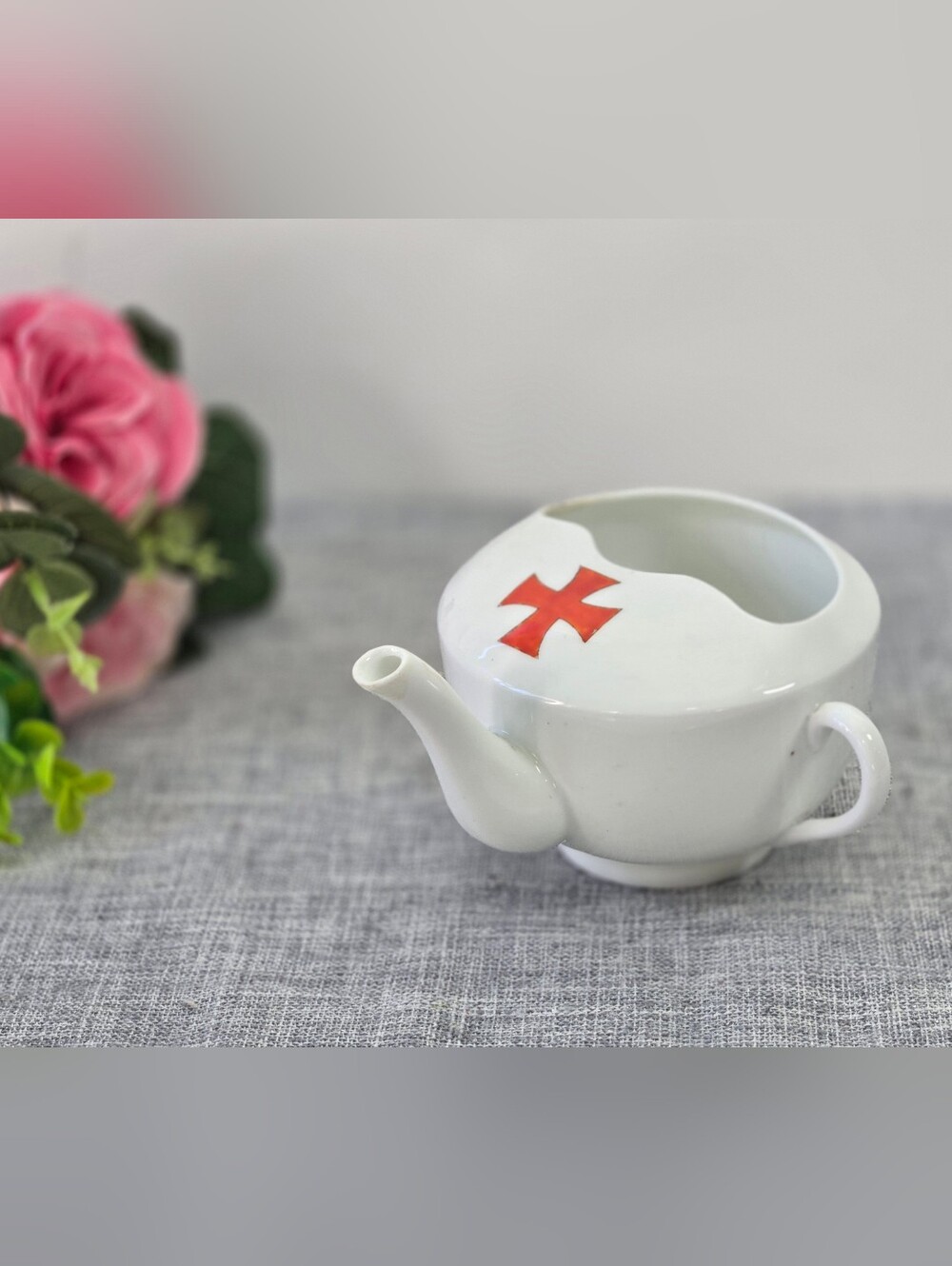 Vintage Porcelain Invalid Feeder Cup Medical Aid Sick Red Cross Austria
